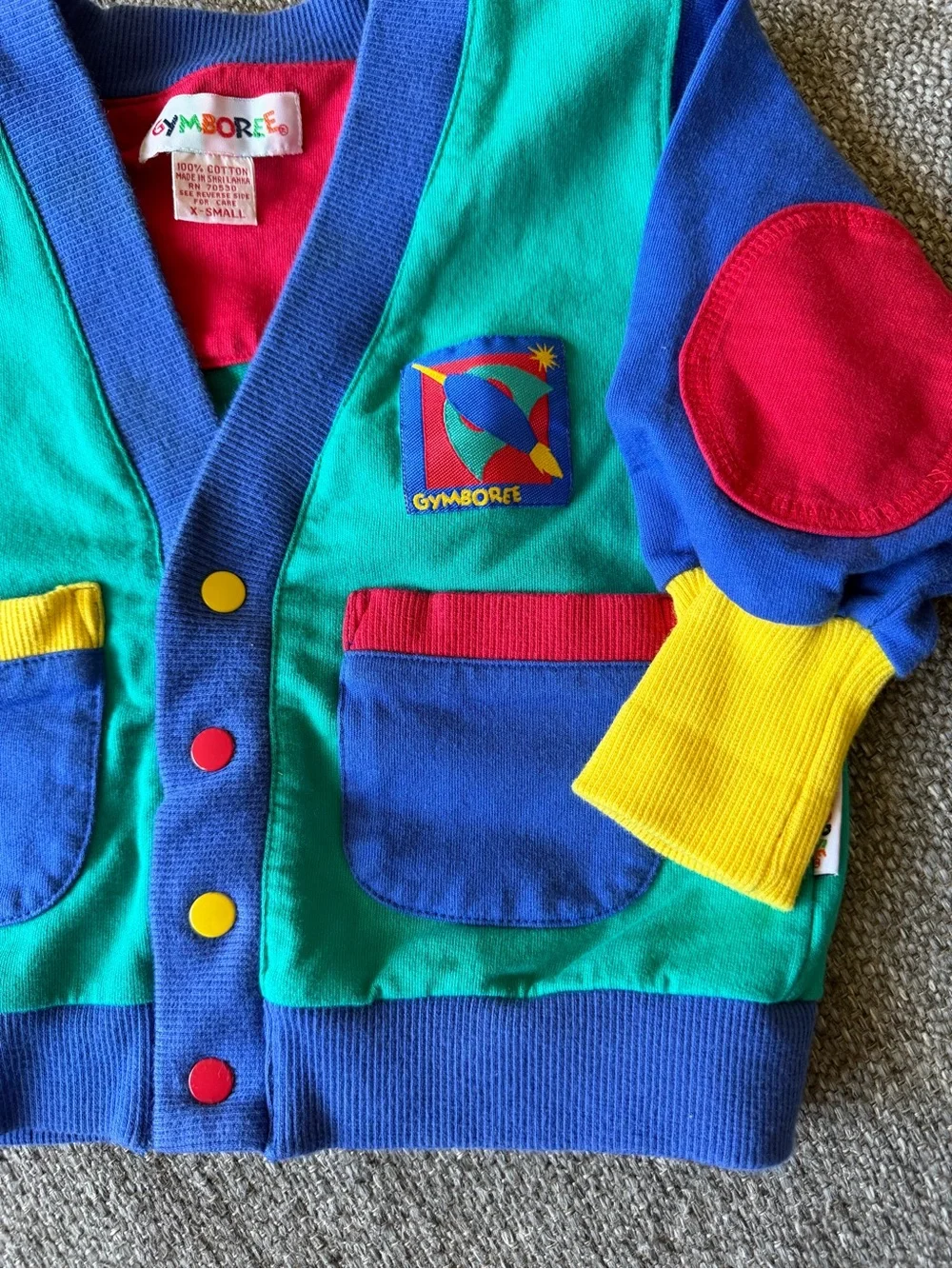 Vintage Rainbow Tag Gymboree Green Blue Yellow Red Colorblock Cardigan - XSMALL